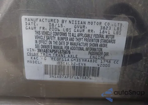 2015 Nissan Sentra Sv z USA, uszkodzony, nr VIN 3N1AB7AP5FL675876